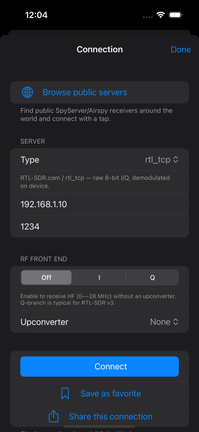 The Connection sheet: a Browse public servers button, a Type picker set to rtl_tcp, Host and Port fields, an RF Front End section, and Connect / Save as favorite / Share buttons.