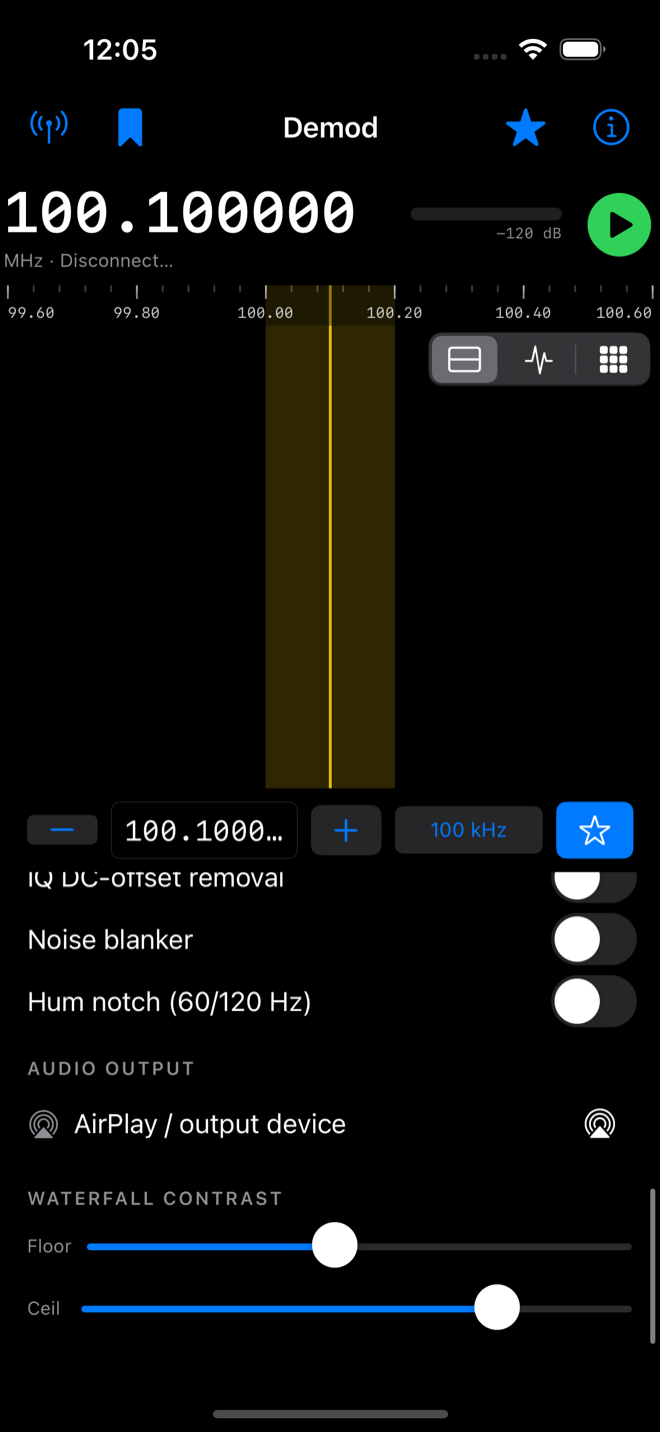 The Signal Correction controls scrolled into view: IQ DC-offset removal, Noise blanker and Hum notch (60/120 Hz) toggles, the AirPlay audio-output picker, and the Waterfall Contrast Floor/Ceil sliders.