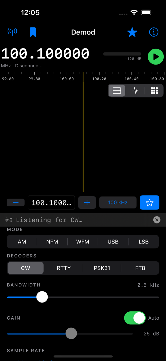 Demod in CW mode: a green 'Listening for CW…' decode strip sits below the tuning bar, with CW selected in the DECODERS row and the bandwidth narrowed to 0.5 kHz.