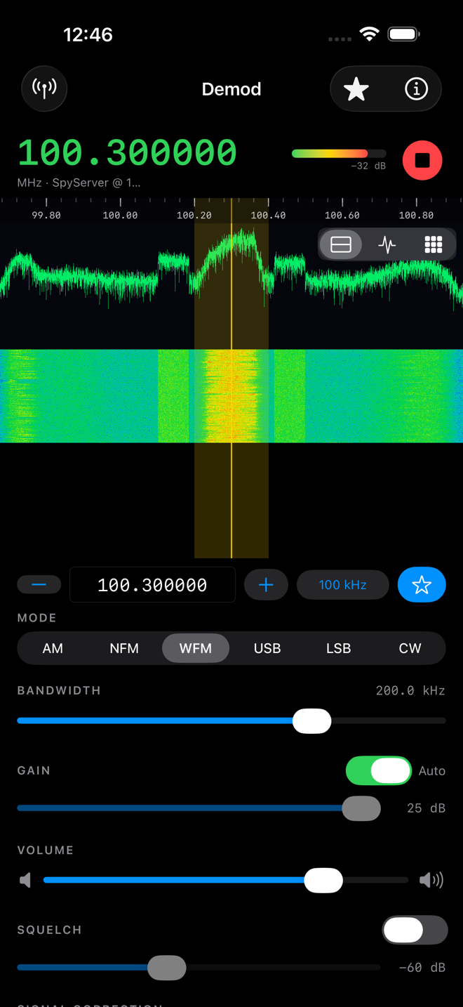 Demod main screen: frequency readout, a split spectrum-and-waterfall display with a tuned FM station, the tuning bar, and mode and bandwidth controls.