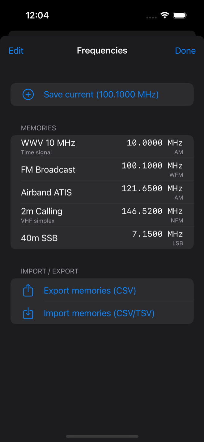 The Frequencies sheet: a Save current button, a Memories list with example entries (WWV 10 MHz, FM Broadcast, Airband ATIS, 2m Calling, 40m SSB) each showing frequency and mode, and Import/Export memories buttons.