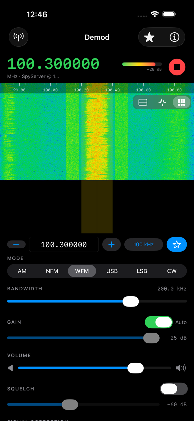 Demod in full Waterfall display mode: a colored time-frequency waterfall fills the display, with the grid icon selected in the Display switch.